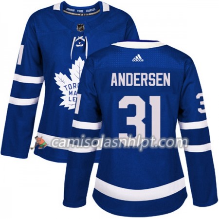 Camisola Toronto Maple Leafs Frederik Andersen 31 Adidas 2017-2018 Azul Authentic - Mulher